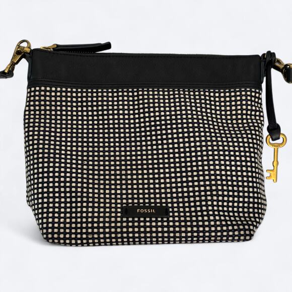 Fossil Woven Black/White‎ Key Crossbody Hand Bag Minimalist Business Careerwear - Picture 1 of 11